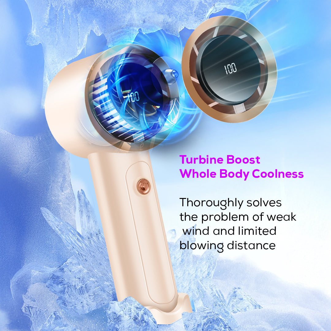 Handheld Turbo Fan with LCD Display – 100-Level Speed Control, High-Speed Cooling & Silent Brushless Motor