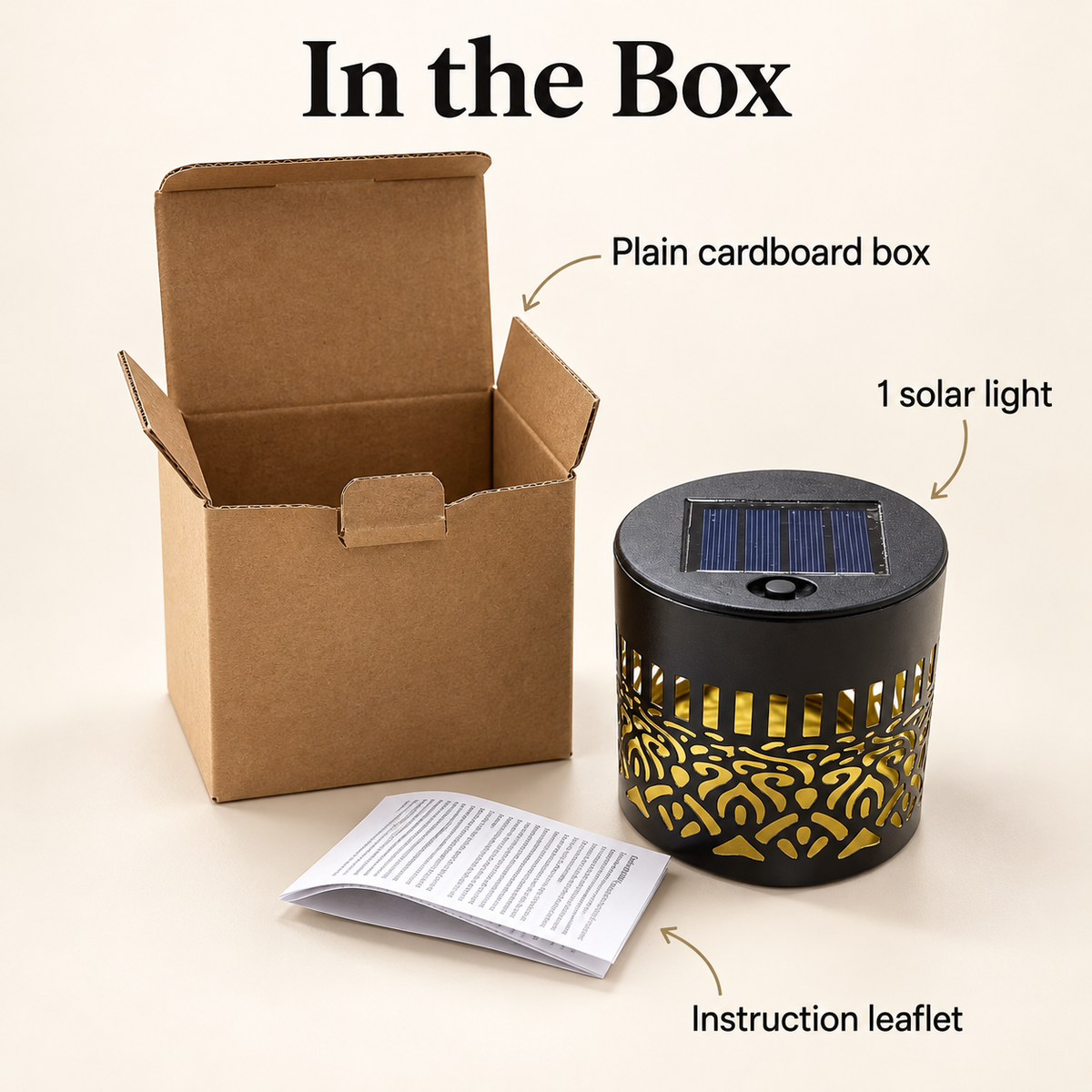 Solar light, instruction leaflet and cardboard box