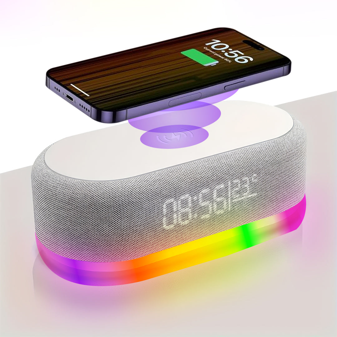 Bluetooth Speaker with 15W Wireless Charging – LED Clock, Alarm, RGB Night Light
