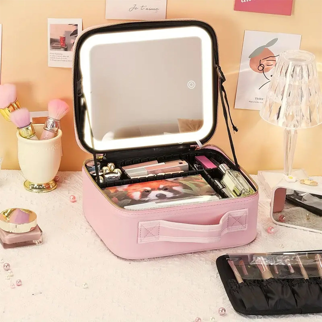 LED Makeup Organizer Case with Lighted Mirror and Adjustable Compartments Y-S-P