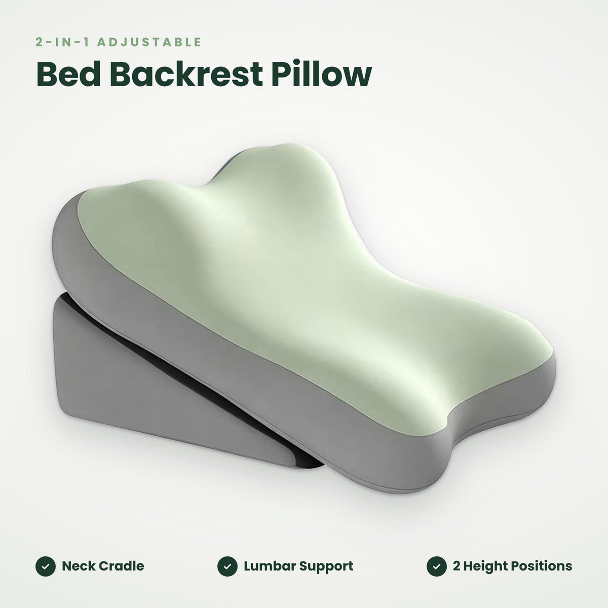 2-in-1 Adjustable Bed Backrest Pillow – Contoured Pillow with Wedge Base, Neck Cradle & Lumbar Support