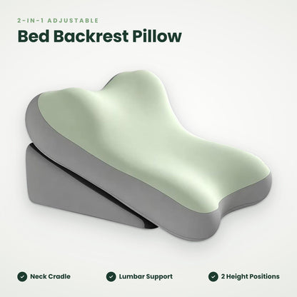2-in-1 Adjustable Bed Backrest Pillow – Contoured Pillow with Wedge Base, Neck Cradle & Lumbar Support