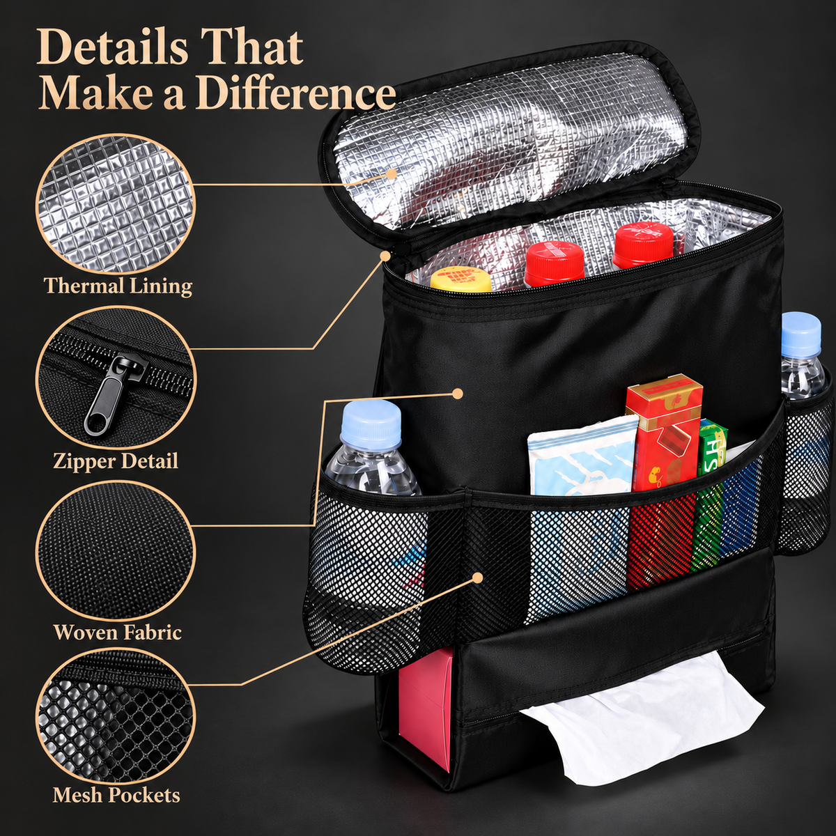 Portable Insulated Cooler Bag for Food and Drinks with Mesh Pockets
