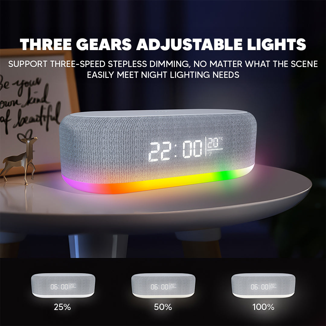 Bluetooth Speaker with 15W Wireless Charging – LED Clock, Alarm, RGB Night Light