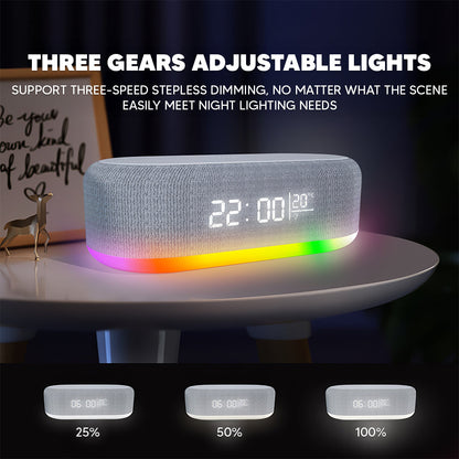Bluetooth Speaker with 15W Wireless Charging – LED Clock, Alarm, RGB Night Light