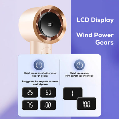 Handheld Turbo Fan with LCD Display – 100-Level Speed Control, High-Speed Cooling & Silent Brushless Motor