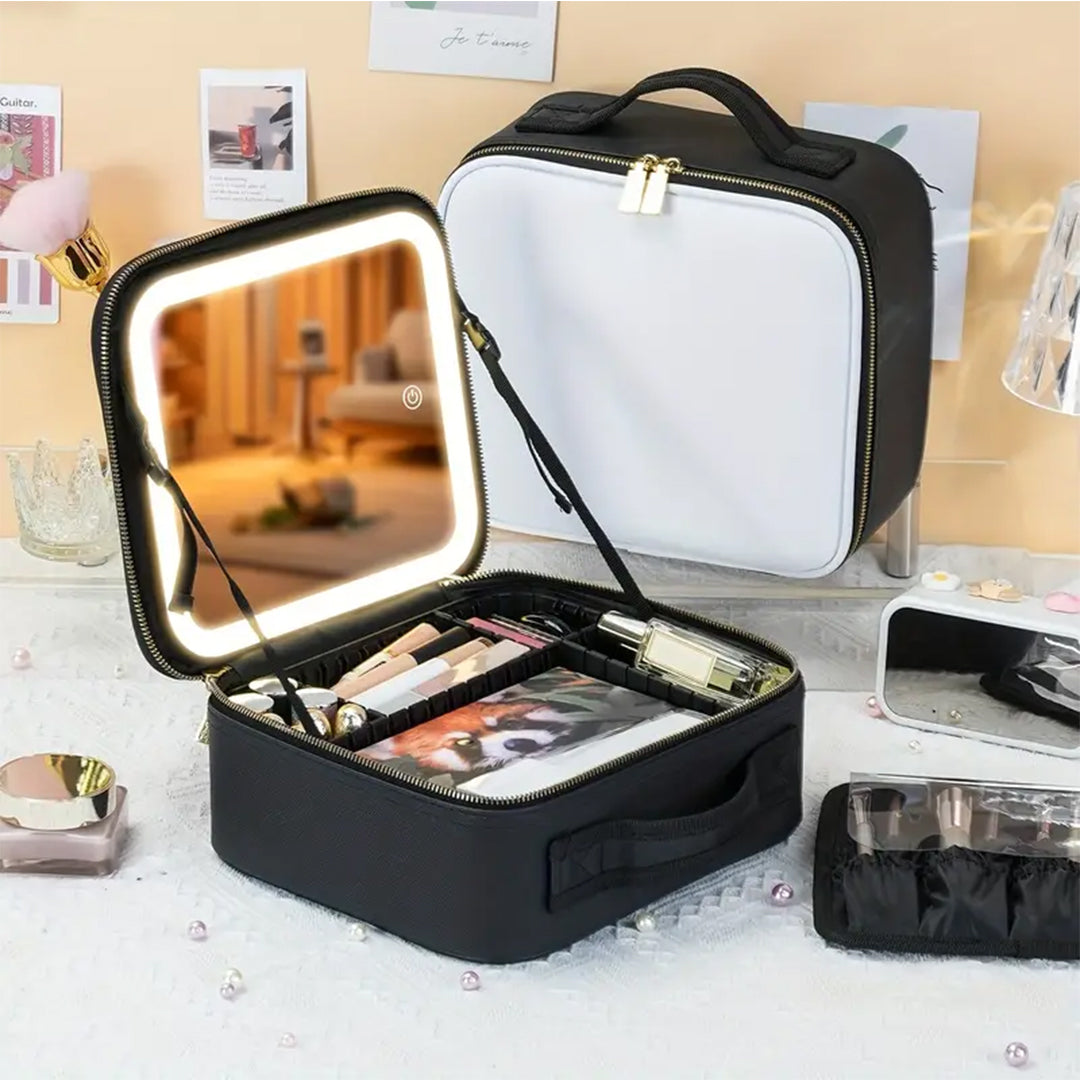 LED Makeup Organizer Case with Lighted Mirror and Adjustable Compartments Y-S-P