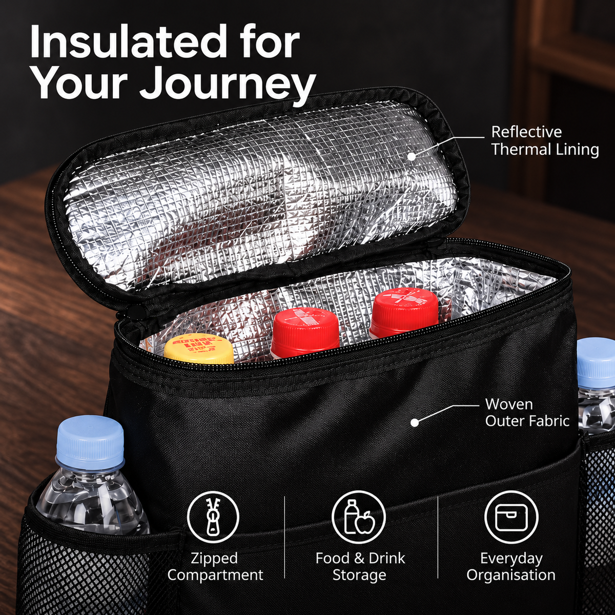 Portable Insulated Cooler Bag for Food and Drinks with Mesh Pockets