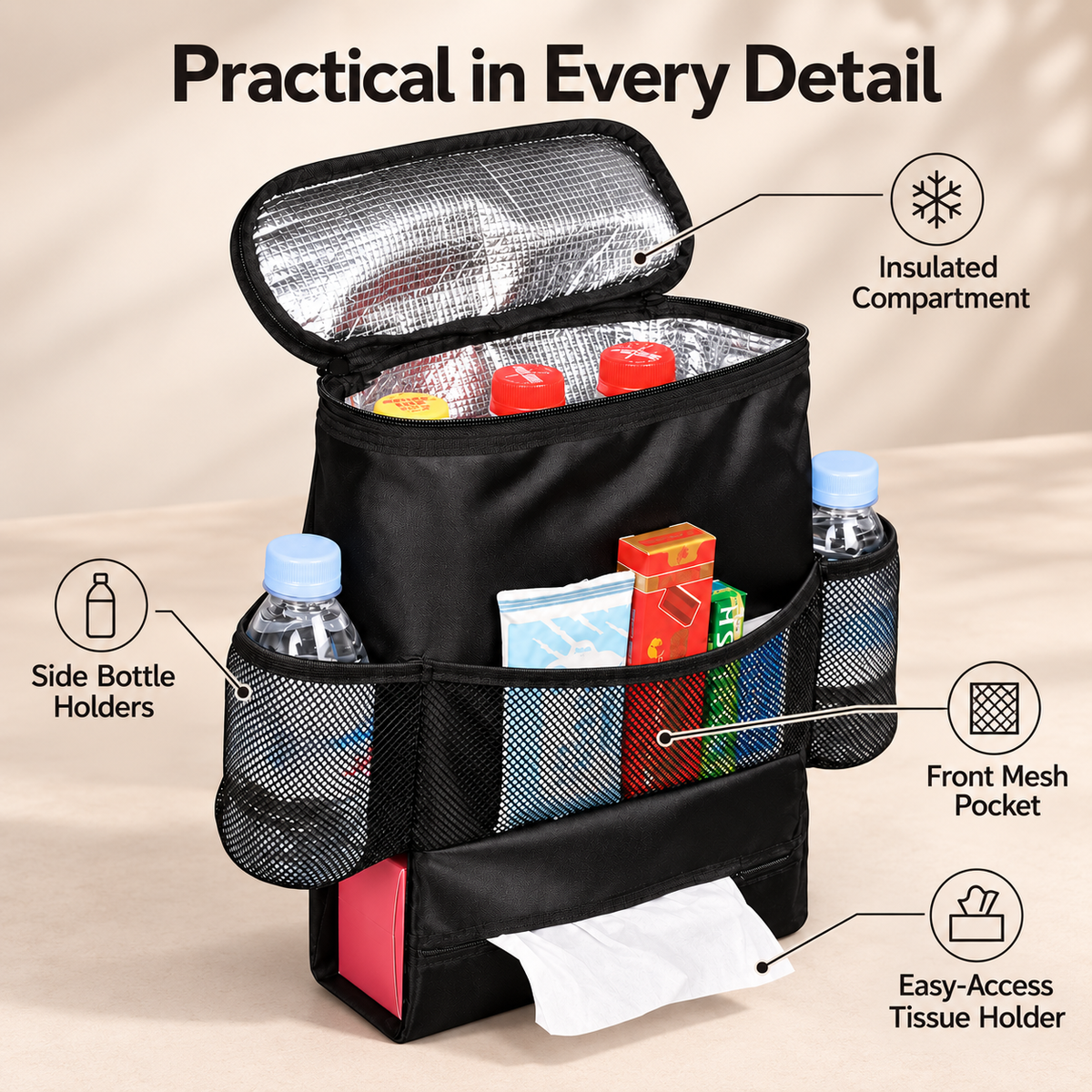 Portable Insulated Cooler Bag for Food and Drinks with Mesh Pockets