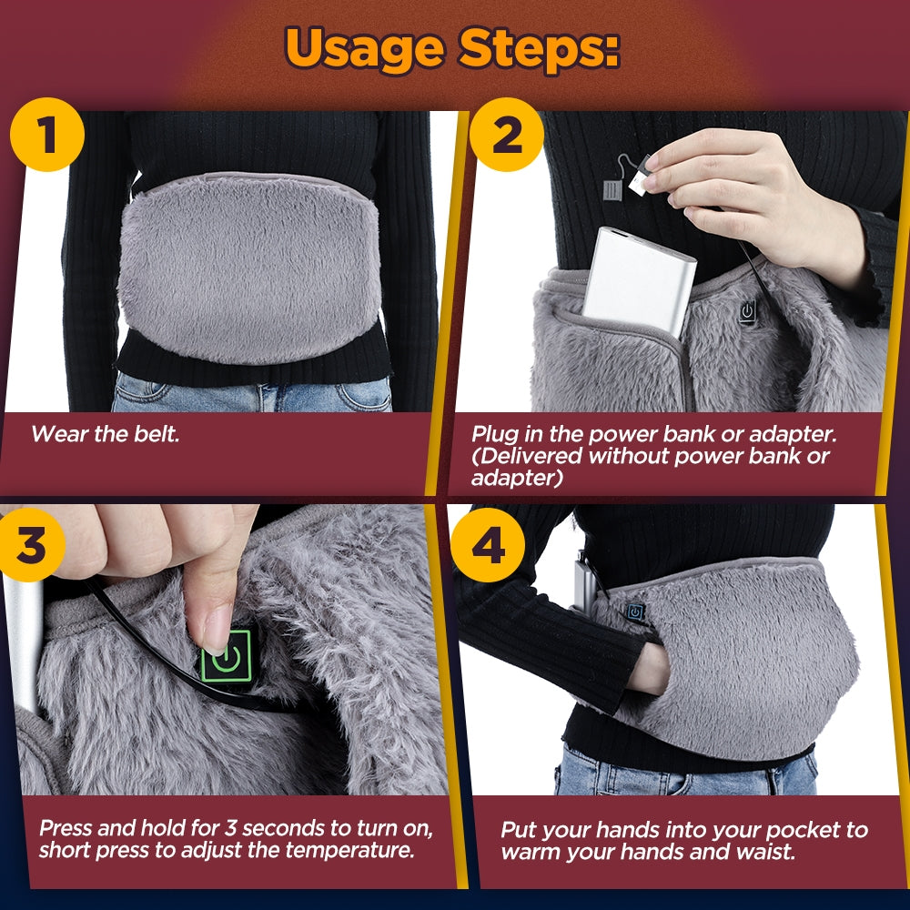 USB Heated Waist & Hand Warmer Belt with 3 Heat Levels – Soft Crystal Velvet Heating Wrap with Power Bank Pocket