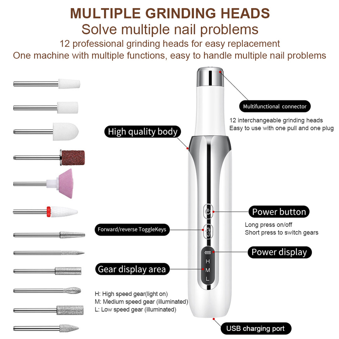 Cordless Electric Nail Drill with 12 Bits and USB Rechargeable Design Y-S-P
