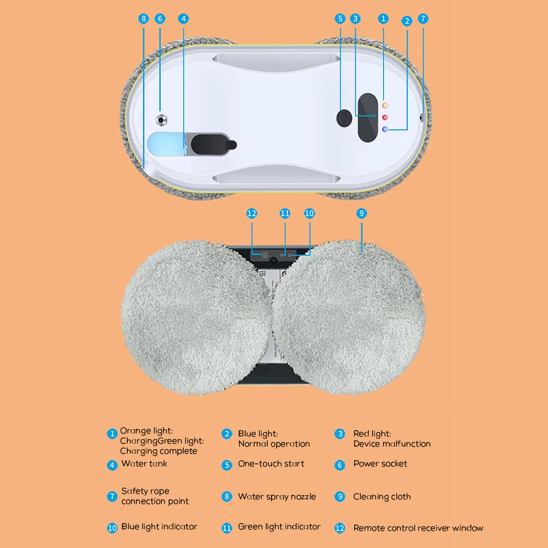 Automatic Window Cleaning Robot with Dual Rotating Pads and Safety Rope