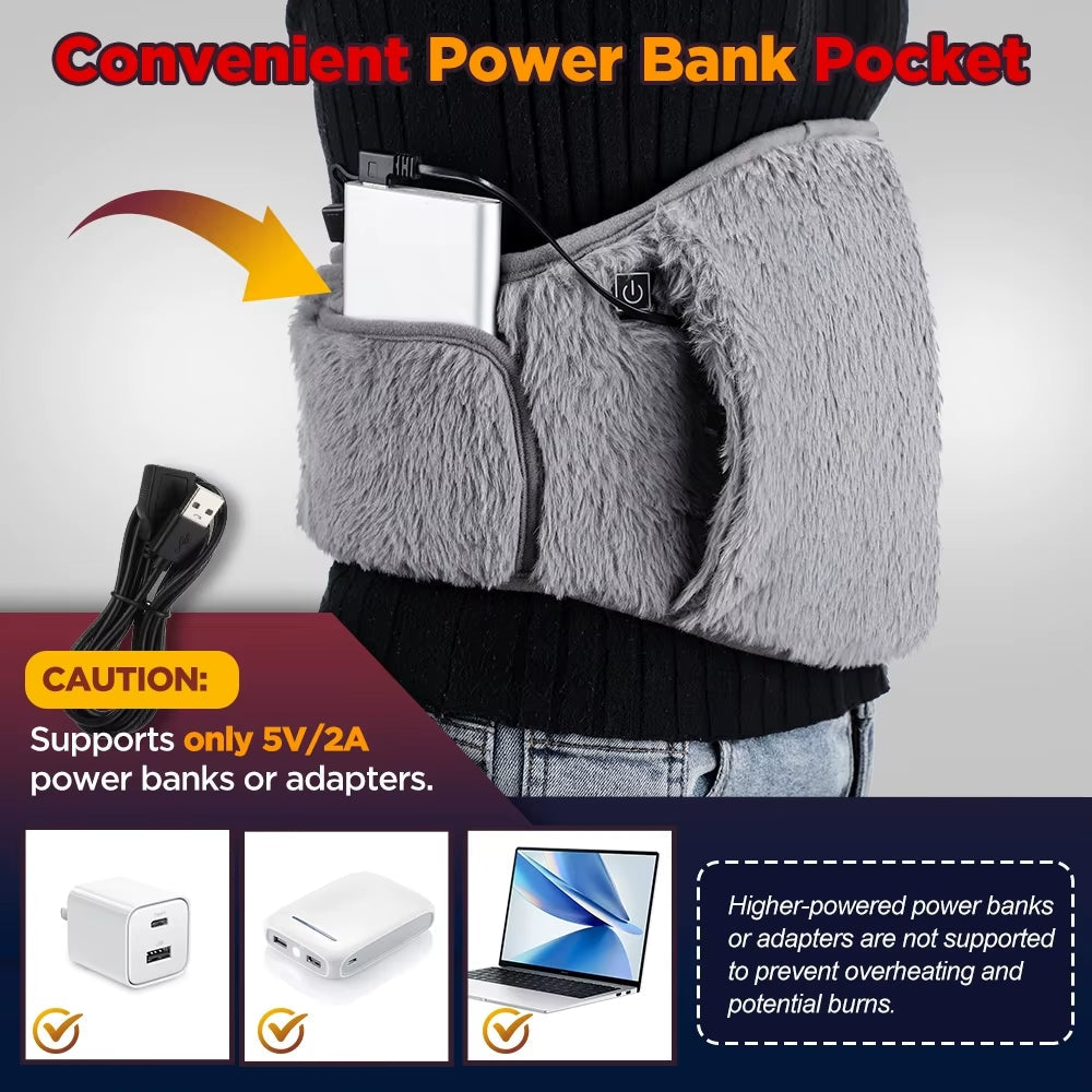 USB Heated Waist & Hand Warmer Belt with 3 Heat Levels – Soft Crystal Velvet Heating Wrap with Power Bank Pocket