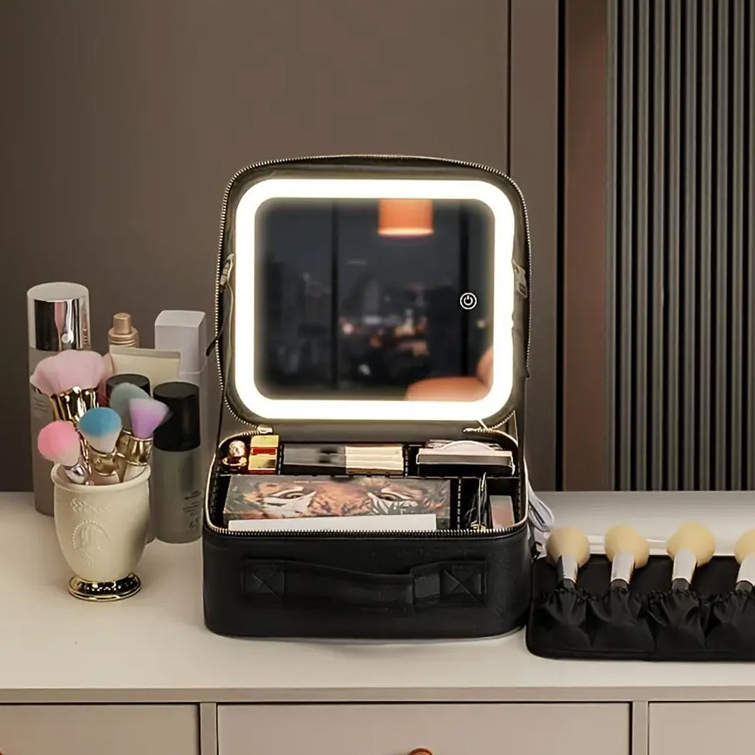 LED Makeup Organizer Case with Lighted Mirror and Adjustable Compartments Y-S-P