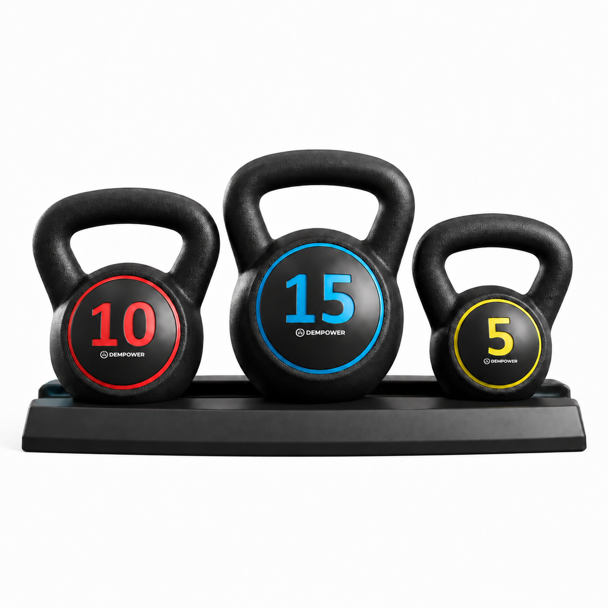 DEMPOWER 3-piece kettlebell set with rack — 5 lb, 10 lb, and 15 lb kettlebells