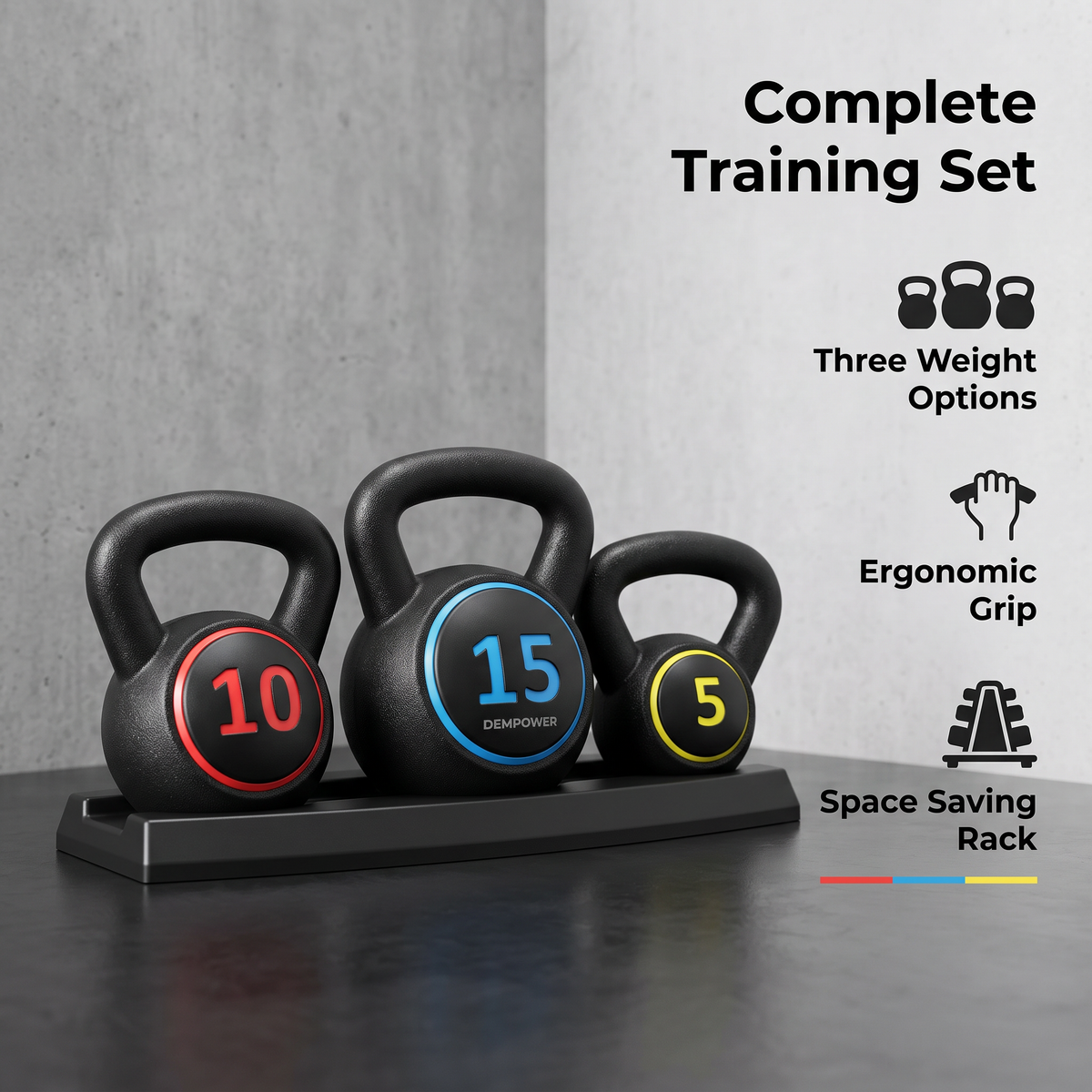 Complete training set: three weight options in pounds (5 lb, 10 lb, 15 lb), ergonomic grip, space-saving rack