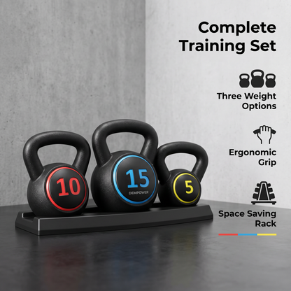 Complete training set: three weight options in pounds (5 lb, 10 lb, 15 lb), ergonomic grip, space-saving rack