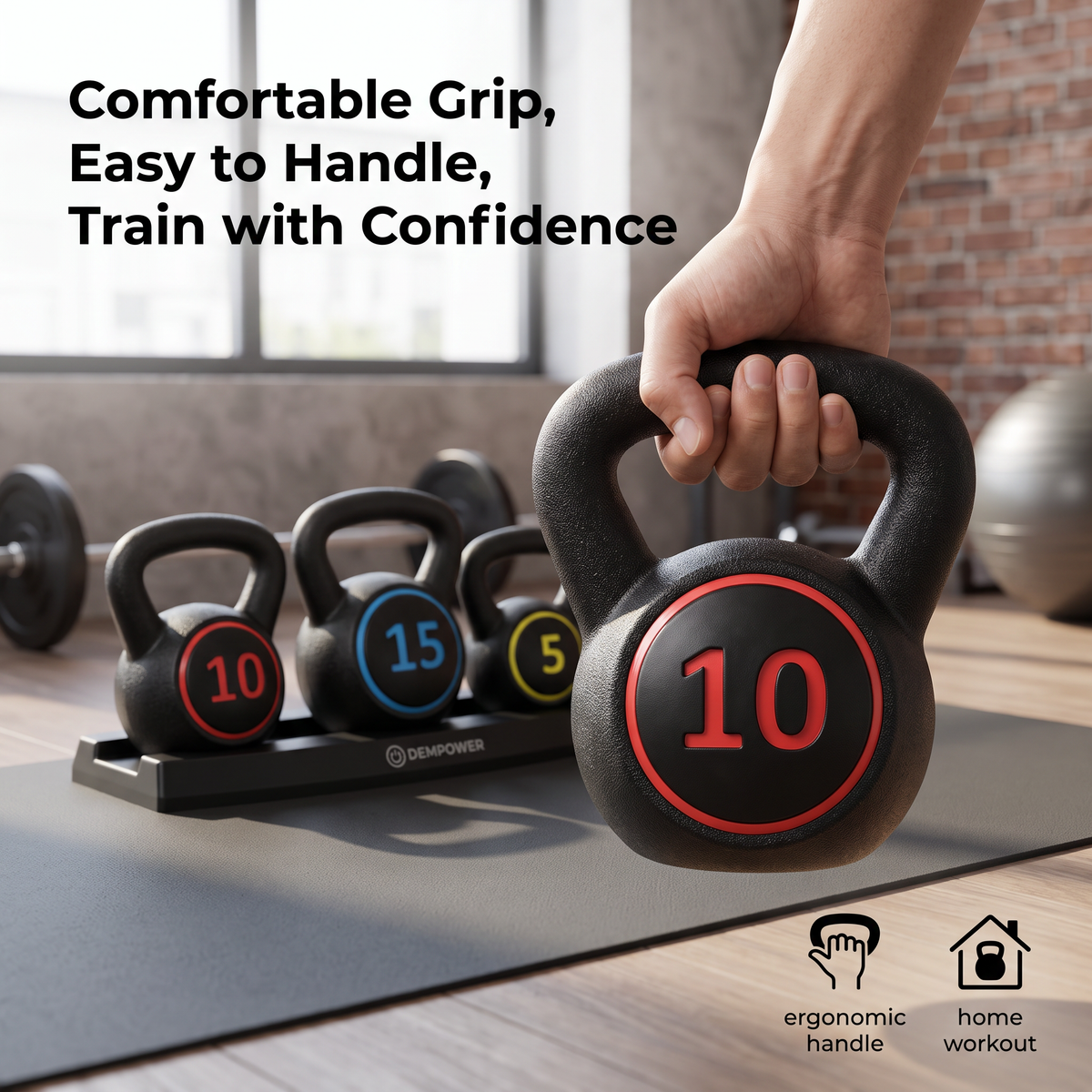 Comfortable ergonomic grip on the 10 lb DEMPOWER kettlebell, home workout ready