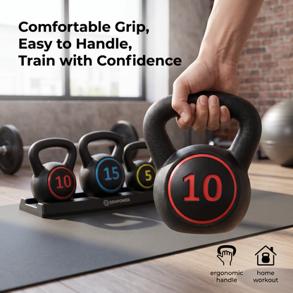 Comfortable ergonomic grip on the 10 lb DEMPOWER kettlebell, home workout ready