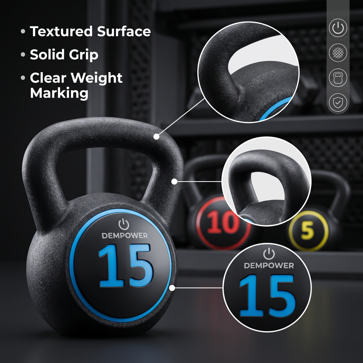 Textured surface and clear weight marking on the 15 lb DEMPOWER kettlebell