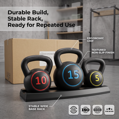 Durable steel-core kettlebells (5 lb, 10 lb, 15 lb) with stable wide base rack and shipping box