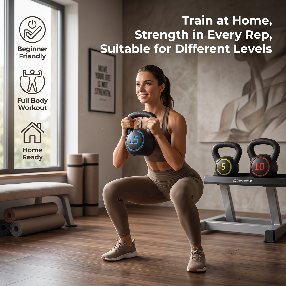 Home workout with the DEMPOWER kettlebell set — training with the 15 lb kettlebell, 5 lb and 10 lb on the rack