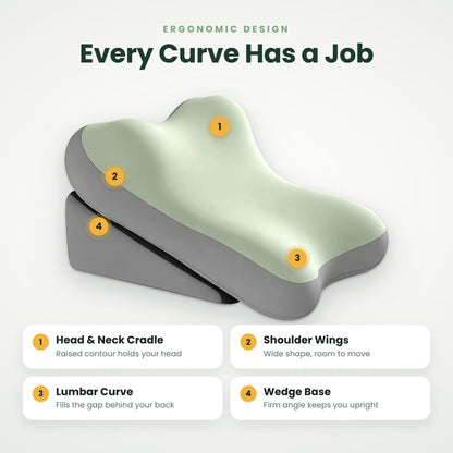 2-in-1 Adjustable Bed Backrest Pillow – Contoured Pillow with Wedge Base, Neck Cradle & Lumbar Support