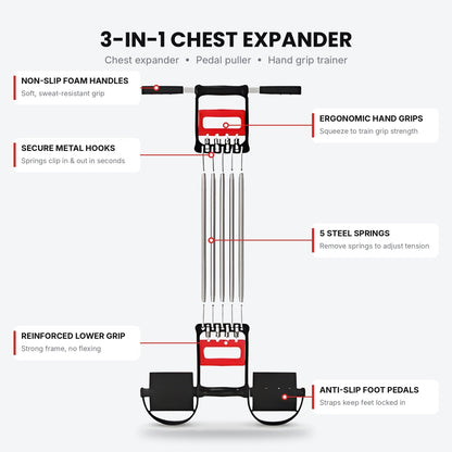 3-in-1 Chest Expander with 5 Removable Steel Springs – Adjustable Pedal Puller & Hand Grip Trainer for Full-Body Home Workouts