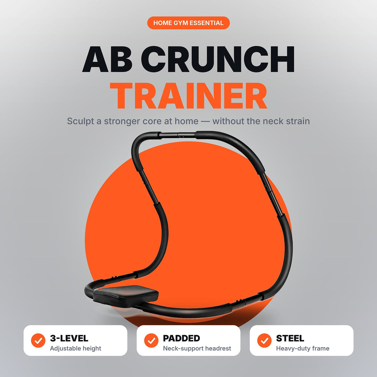 Ab Crunch Trainer with Padded Headrest – 3-Level Adjustable Steel Sit-Up Frame for Home Core Workouts
