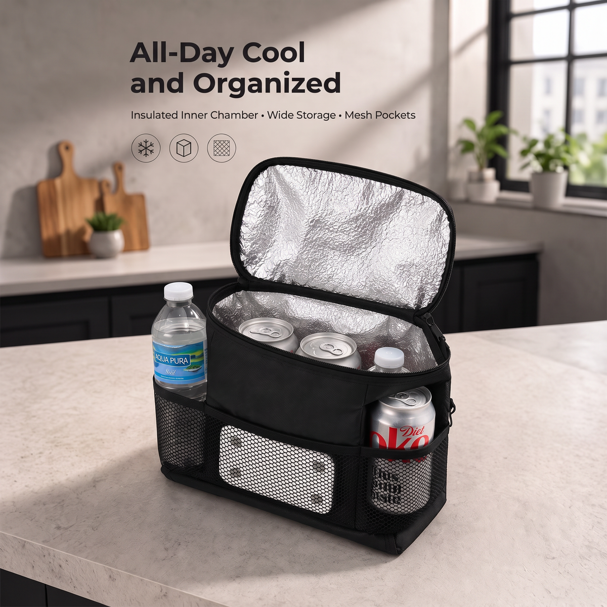Portable Insulated Cooler Bag for Food and Drinks with Mesh Pockets