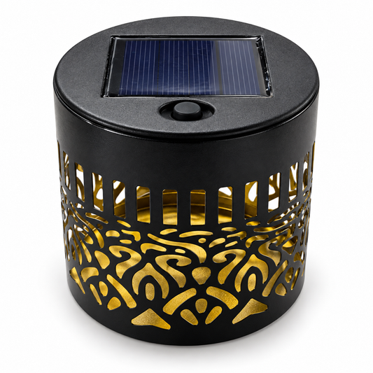 Black metal solar light with decorative cut-outs