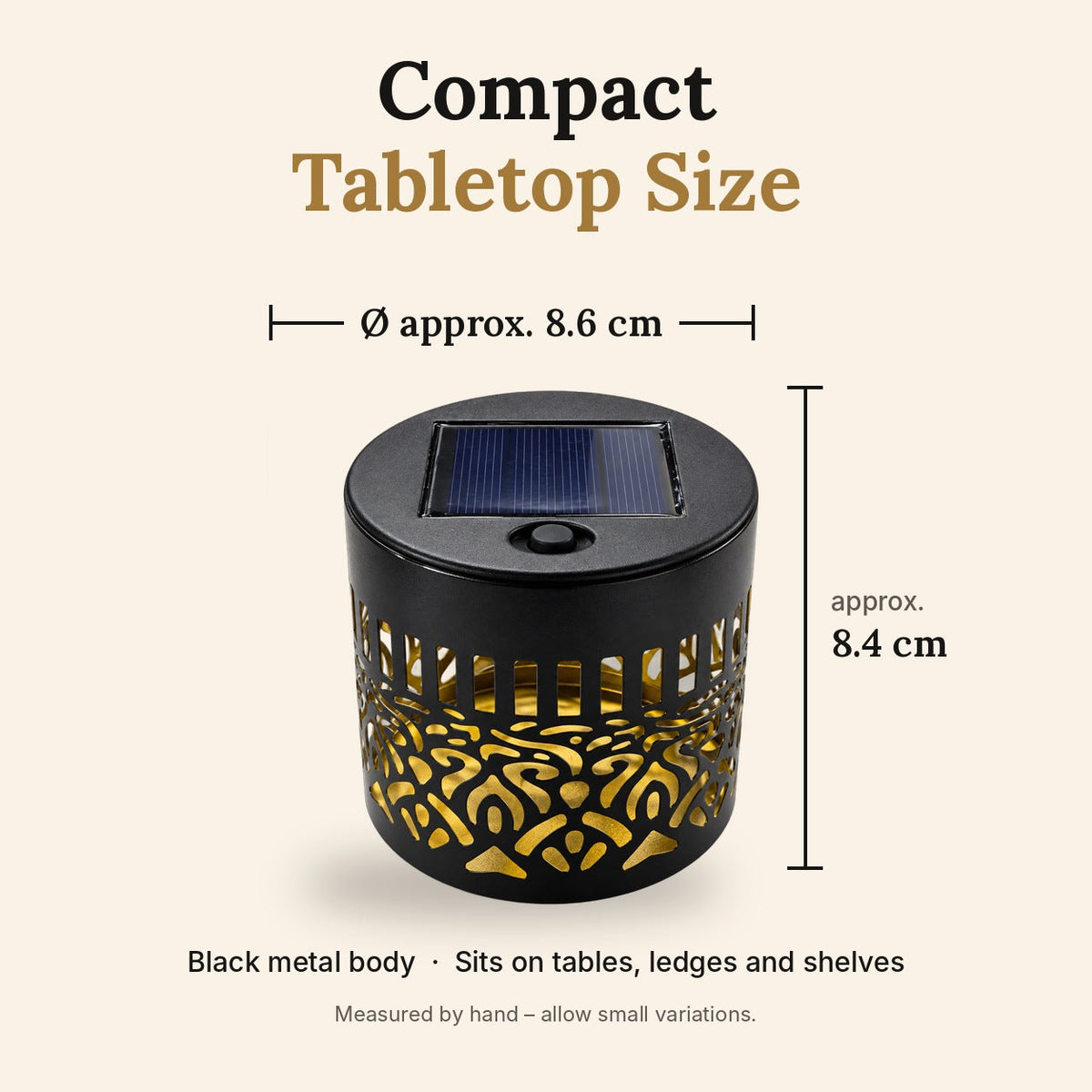 Solar wall light size guide – 8.6 cm diameter, 8.4 cm height